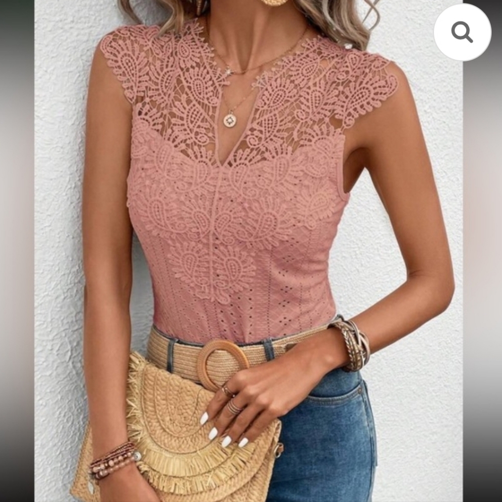 Boho MAUVE LACE BODYSUIT WHIMSIGOTH COTTAGECORE Lace Sleeveless Top Pink